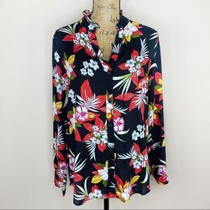 Life Style Tropical Floral Palm Print Ruffle Collar Button Down‎ Shirt Black L
